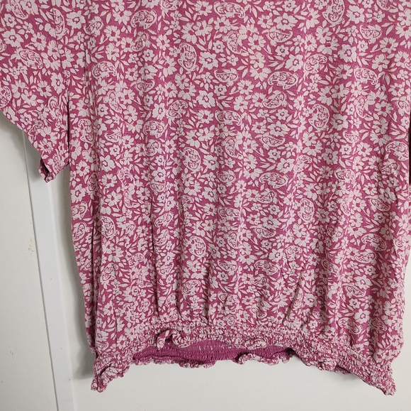 Lucky Brand Pink White Floral Print Top V-neck Short Sleeve Large - Picture 9 of 9